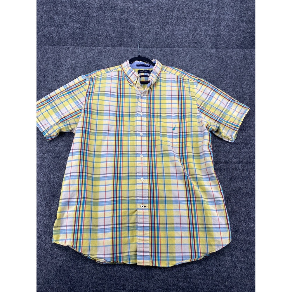 Nautica Plaid Button Down Shirt Mens XL Yellow Blue Short Sleeve A Bit Trimmer